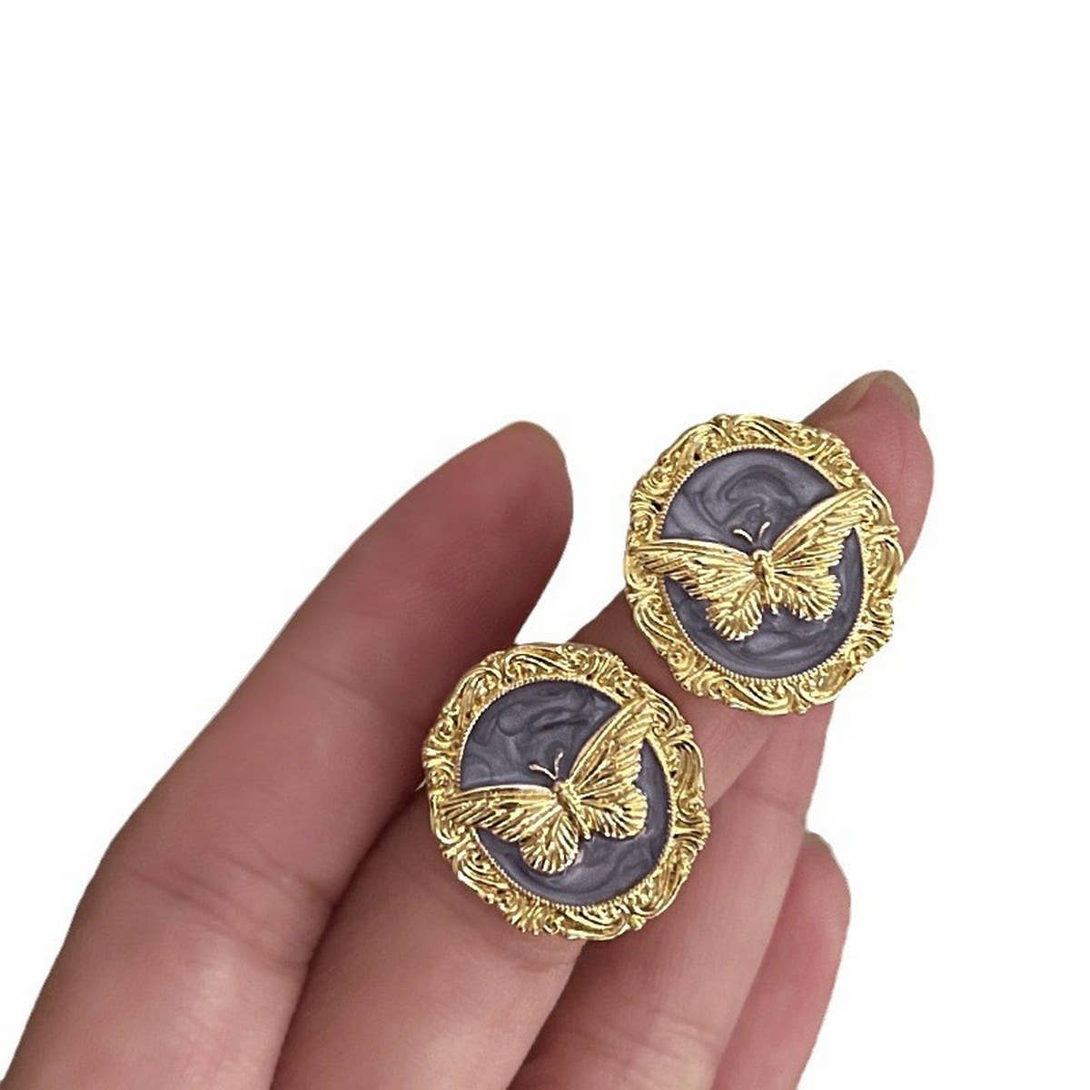 ROUND BUTTERFLY DRIP OIL FRENCH EARRINGS_CWAJE2065