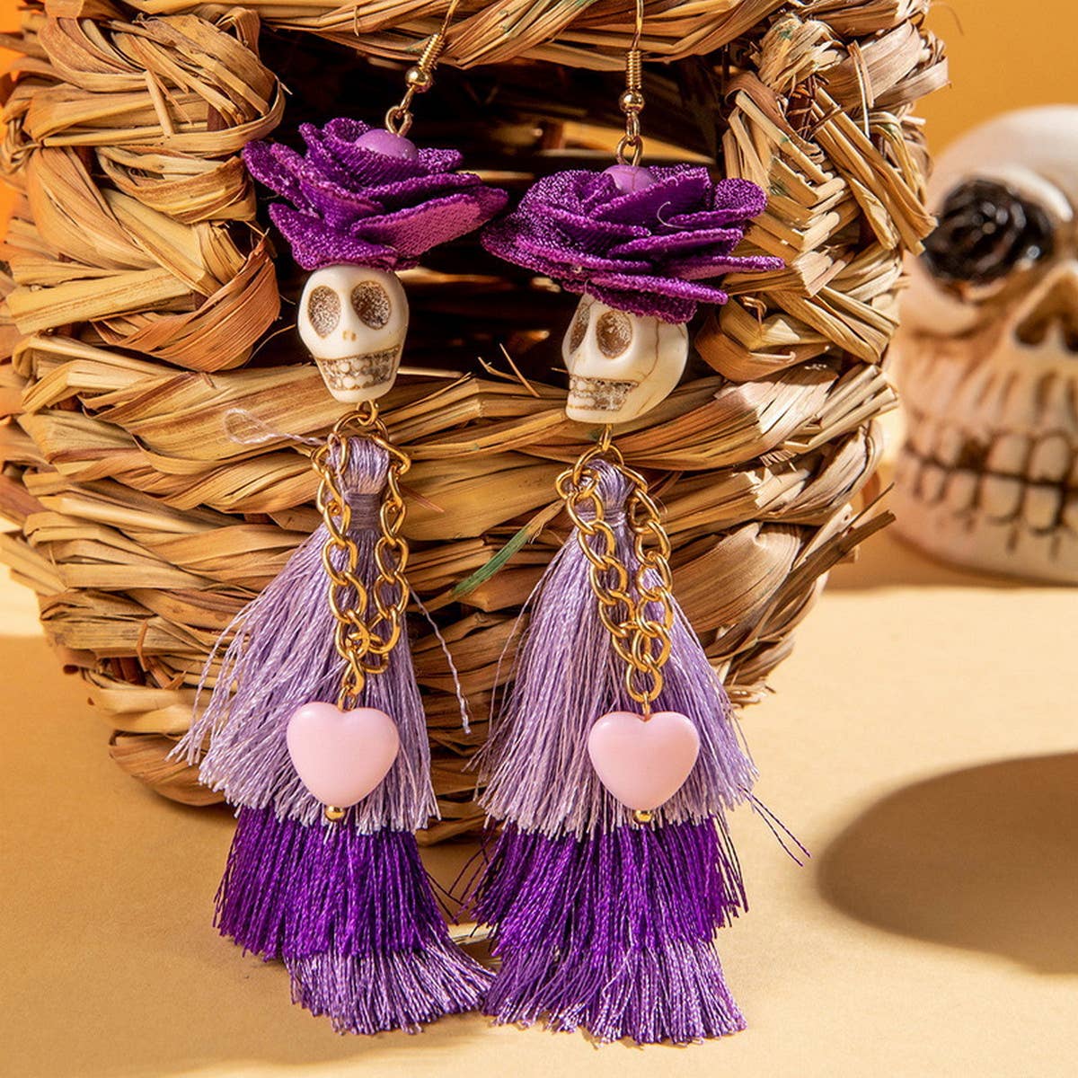 HALLOWEEN SKULL TASSEL RICE BEAD EARRINGS_CWAJE2411