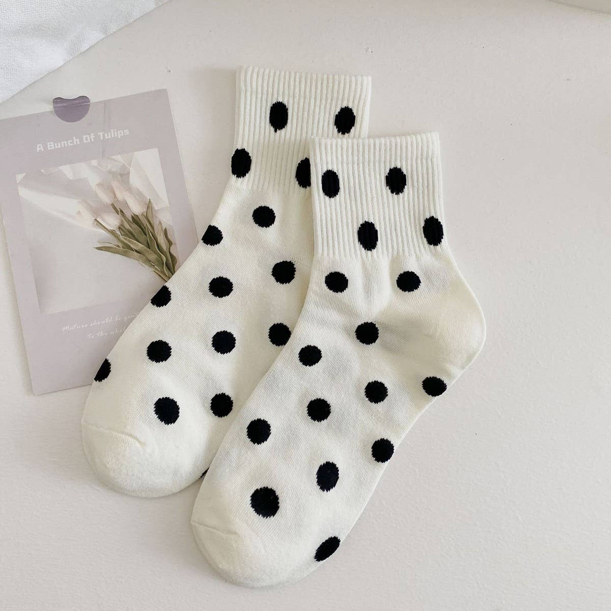 Women'S New White Striped Polka Dot Mid-Calf Socks_Cwms1350