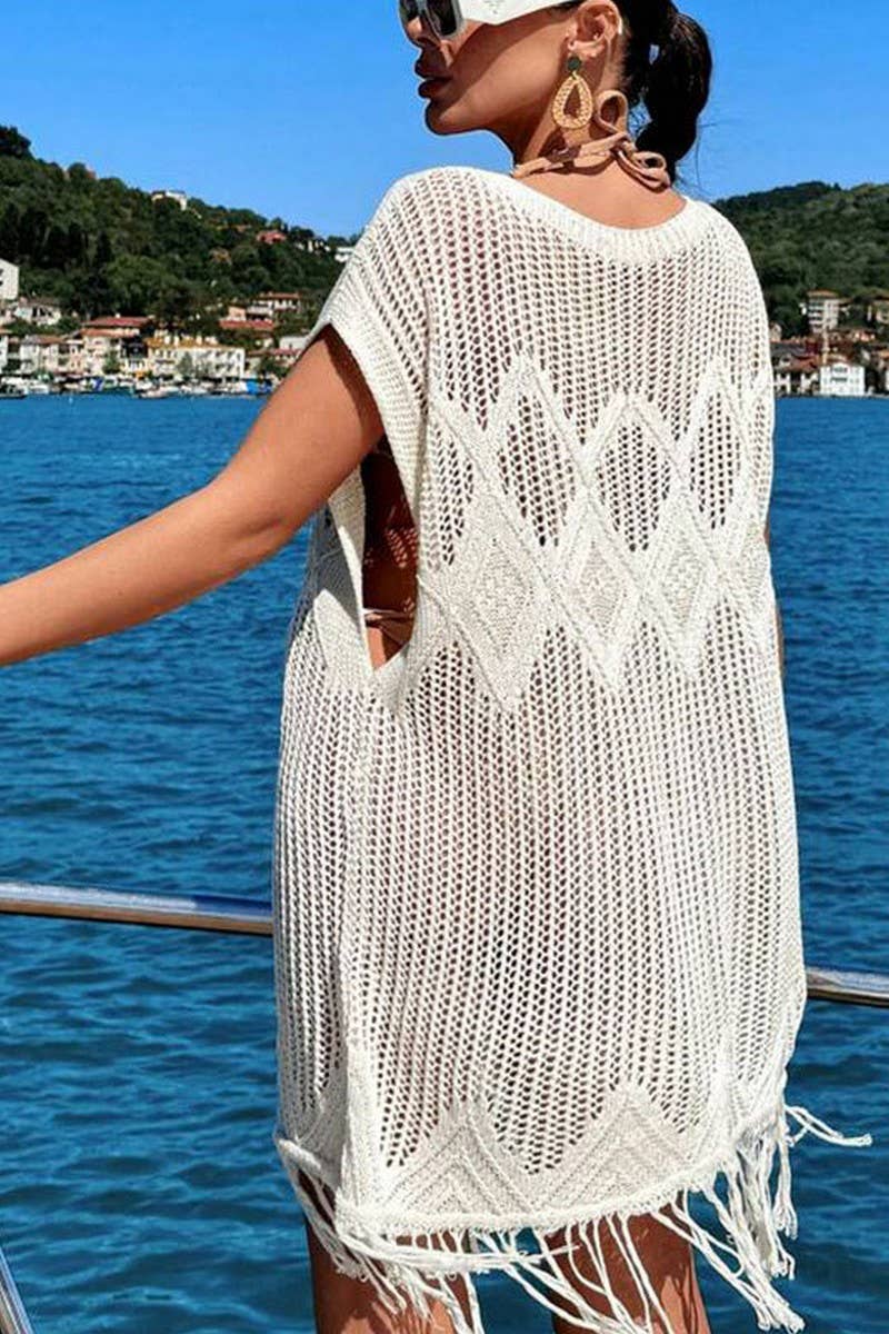 Cwtbls1694_Hollow Knit Loose Tassel Seaside Holiday Dress