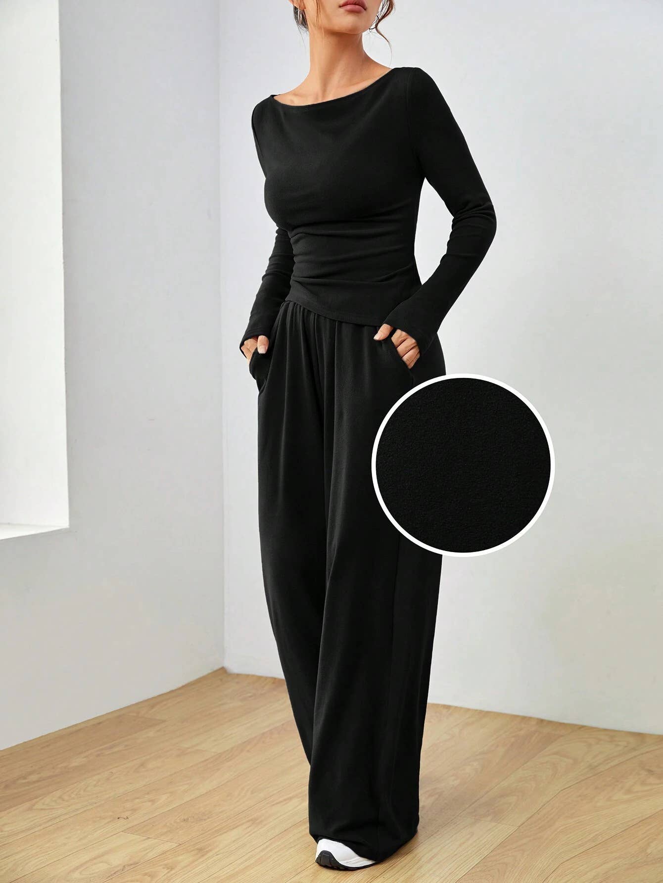 Solid-Color Long-Sleeved Wide-Leg Long Pants Set