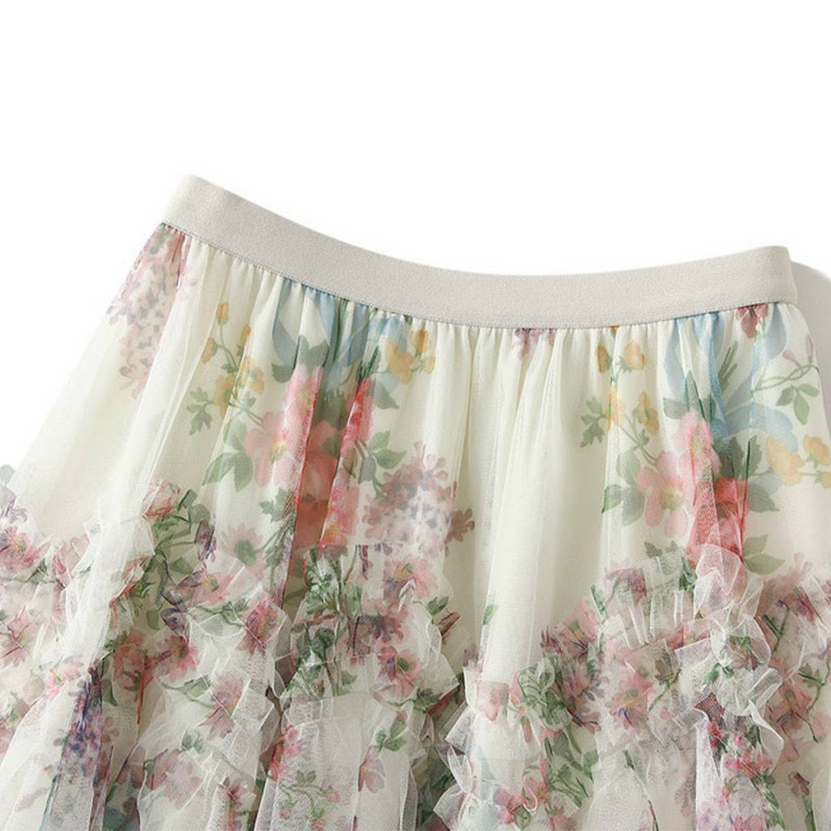 COLORFUL FLORAL MESH PANELED TIERED SKIRT_CWBMS0371
