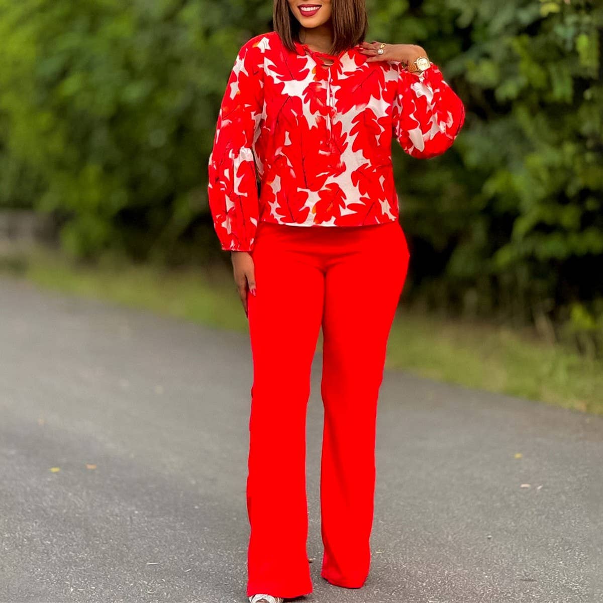 PRINTED TOP AND WIDE LEG PANTS TWO PIECE SET_CWSTB1142