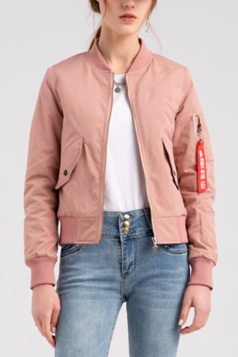 Solid Color Zipper Bomber Jacket
