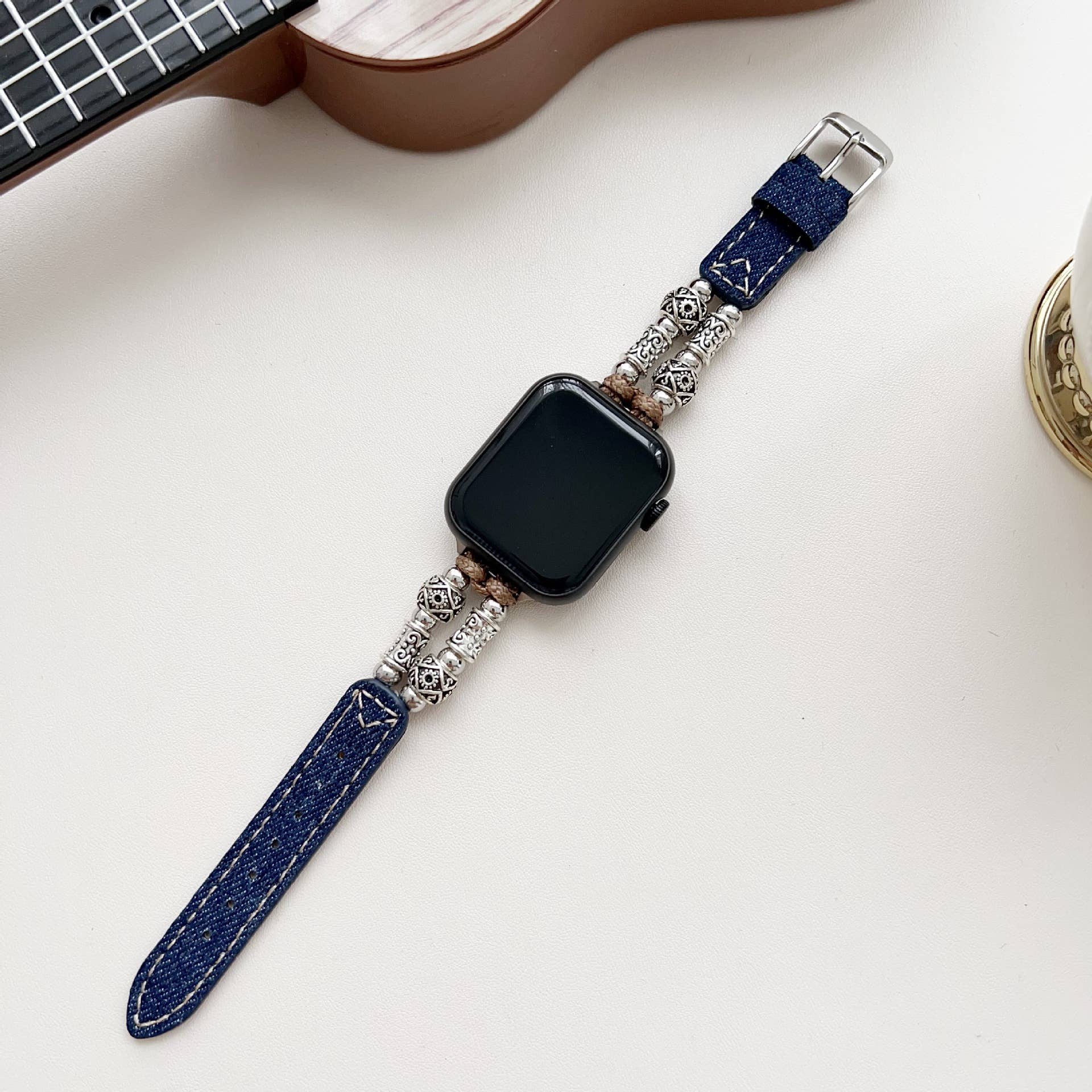IWATCH9 1 TIBETAN SILVER DENIM LEATHER STRAP_CWWW0069
