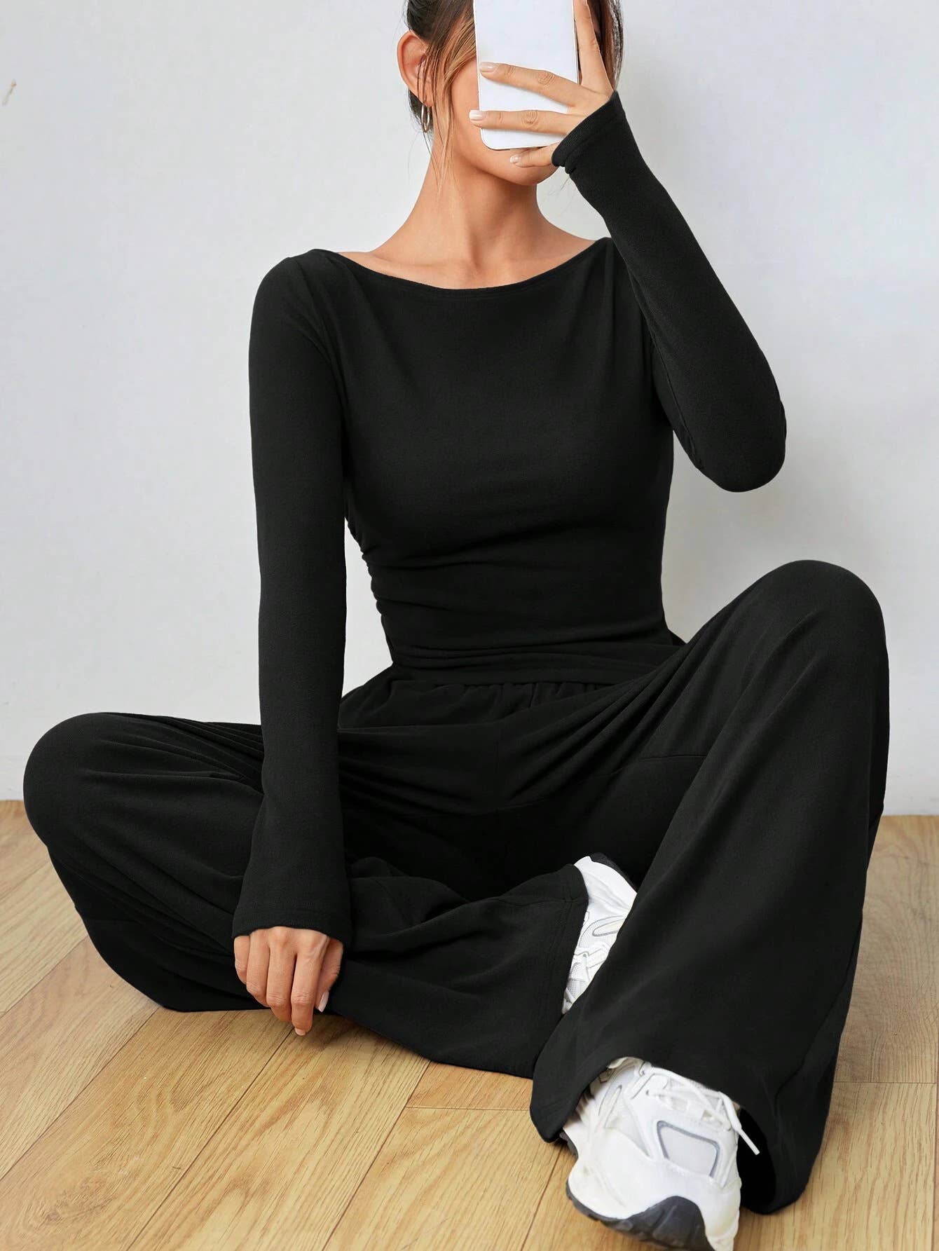 Solid-Color Long-Sleeved Wide-Leg Long Pants Set