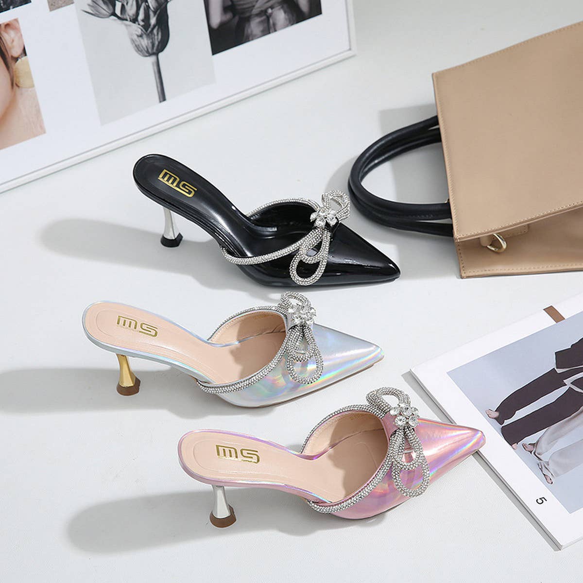 RHINESTONE BOW POINTED TOE HIGH HEELS_CWSHS0568