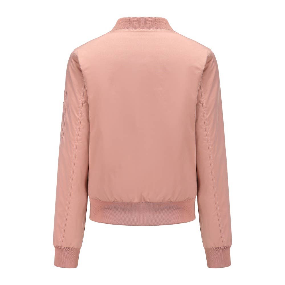 Solid Color Zipper Bomber Jacket