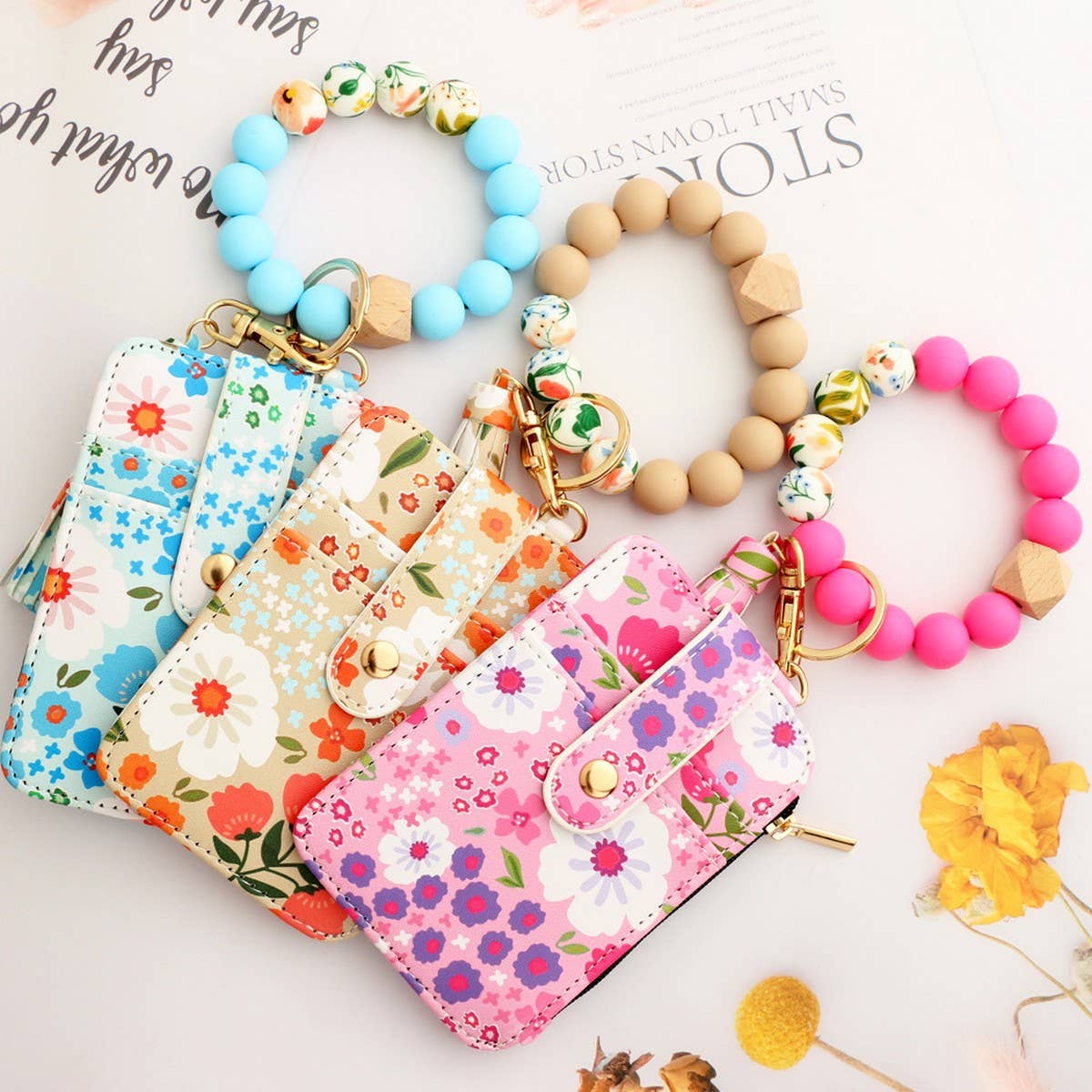 FLORAL PU WALLET WITH BEAD BRACELET CARD HOLDER_CWAB4955