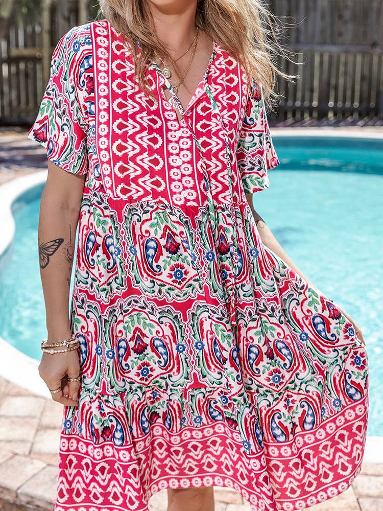 Stylish Loose Boho Print Mid-Length Dress