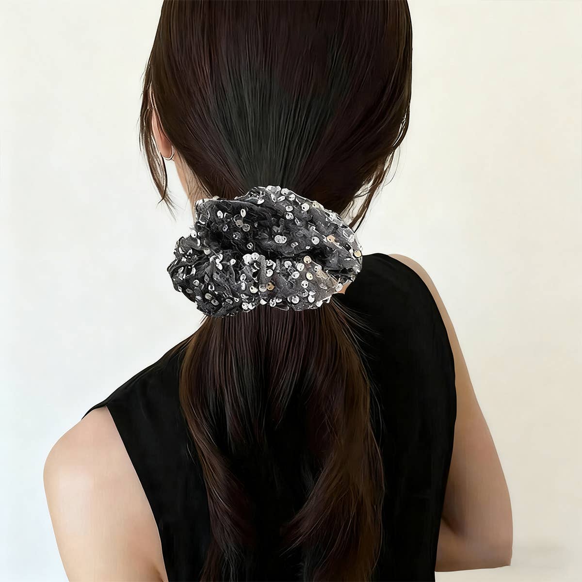Black Sequin Hair Scrunchie Shiny Ponytail Holder_Cwaha07539