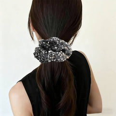 Black Sequin Hair Scrunchie Shiny Ponytail Holder_Cwaha07539