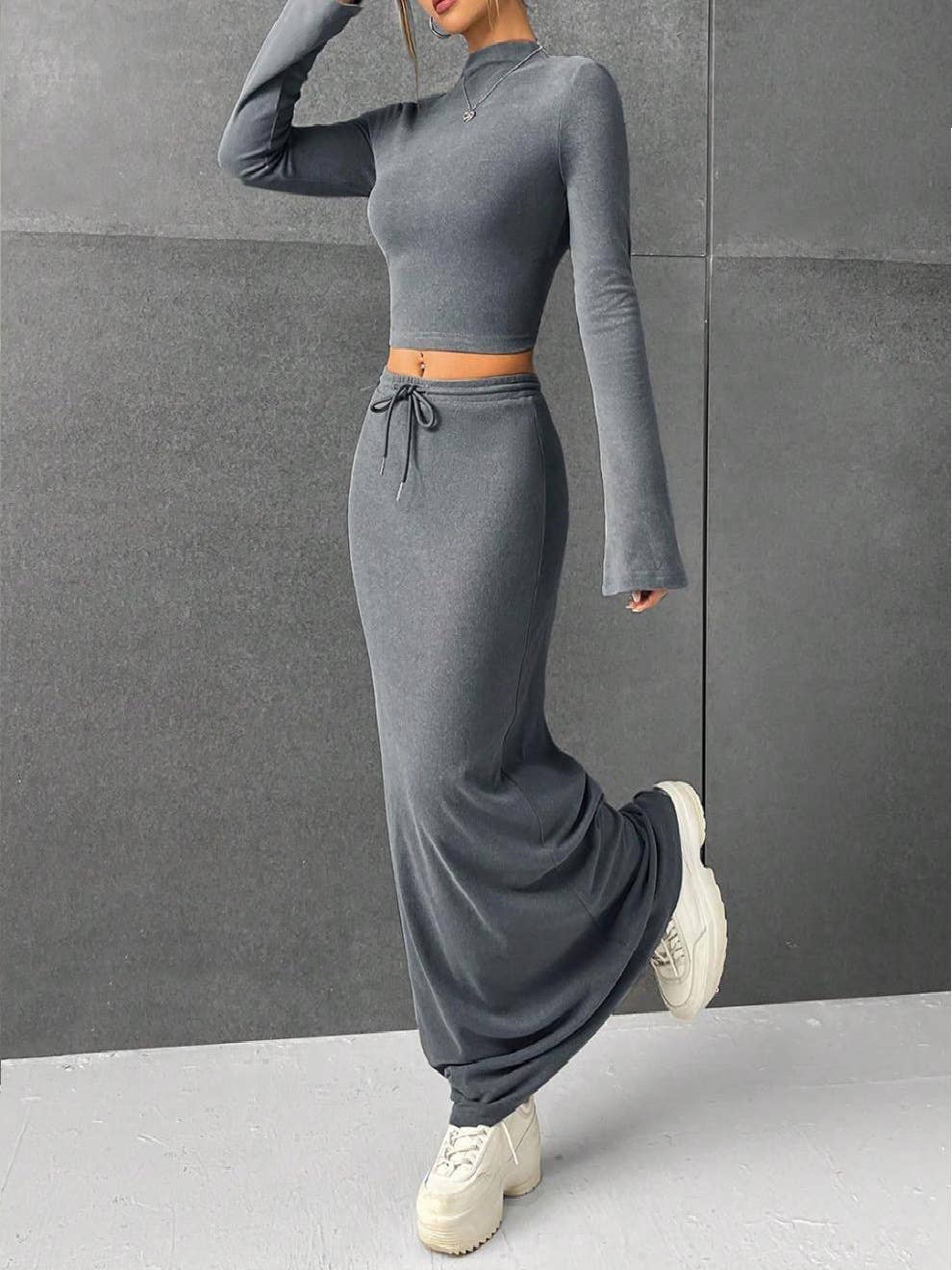 Solid Color Pants Long-Sleeved Top Two-Piece Set