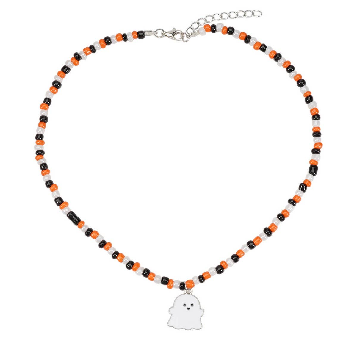 Cwaje05680_Halloween Ghost Pumpkin Beaded Pendant Necklace