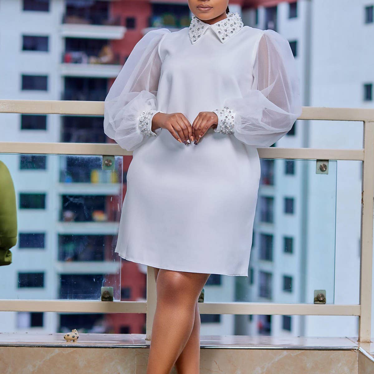 MESH STITCHING BEADED LOOSE PLUS SIZE DRESS_CWDSD6087