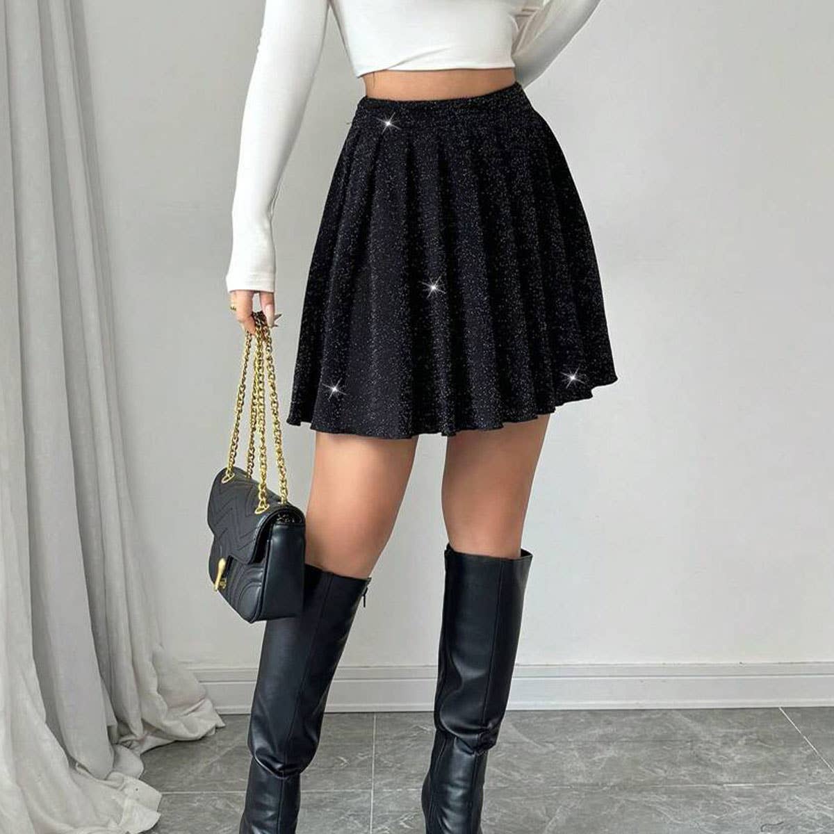Womens Casual A-Line Pleated Sparkly Black Skirt