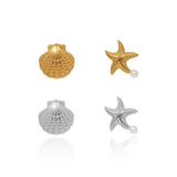 GOLD PLATED OCEAN STAR PEARL ASYMMETRIC EARRINGS_CWAJE5018