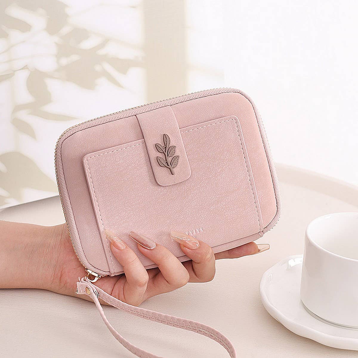 New Solid Leaf Decor Zipper Short Wallet_Cwab06258