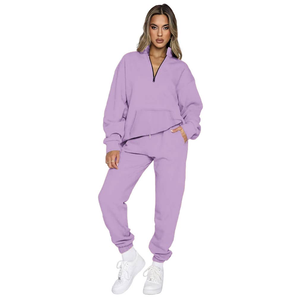 Solid-Color Zipper Sweatshirt And Sweatpants Set