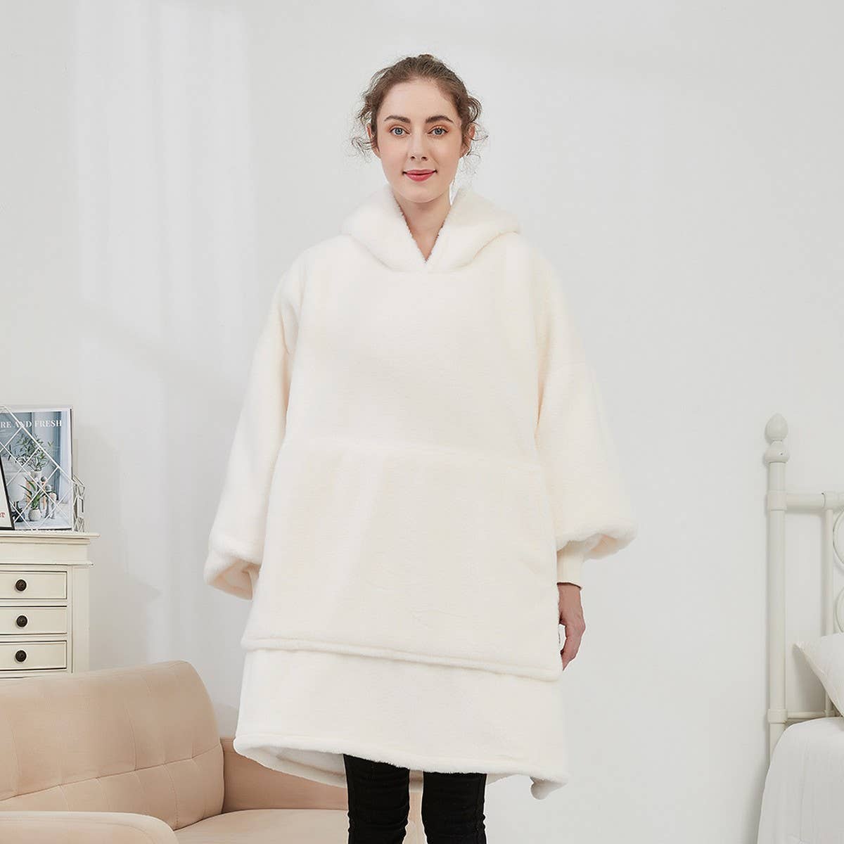 PLUS SIZE WEARABLE HOODIE BLANKET WITH BUNNY FUR_CWAHA6518