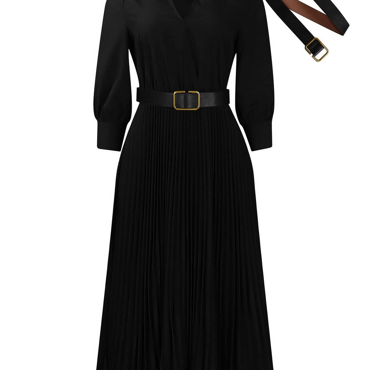 ELEGANT LAPEL SOLID COLOR WIDE HEM PLEATED DRESS_CWDMD3661