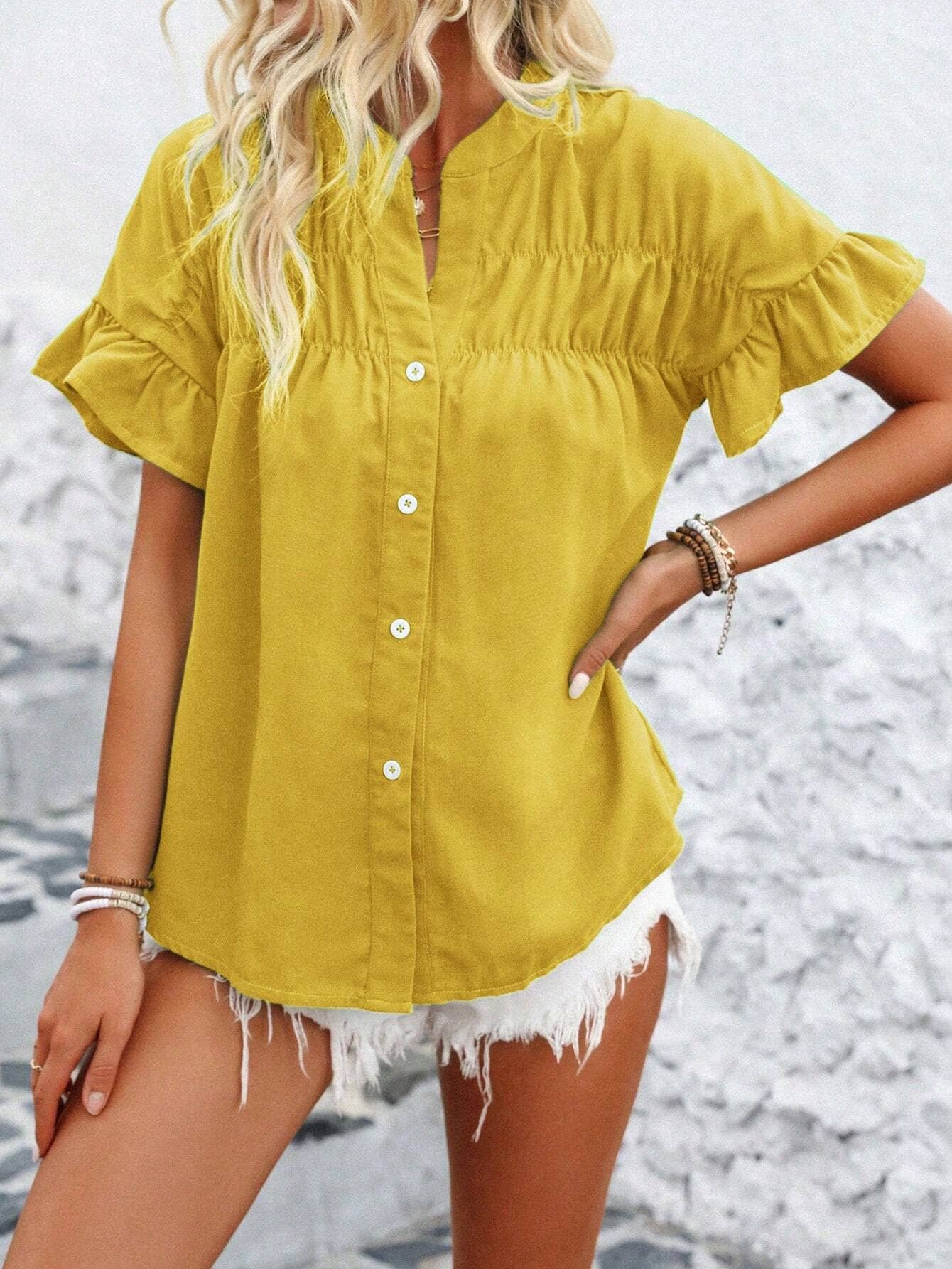 Womens Casual Pleated Button-Down Linen Shirt
