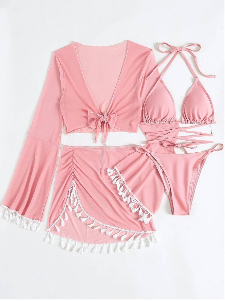 4 PIECE BIKINI SET MODEST FRINGE COVER UP_CWMW0144