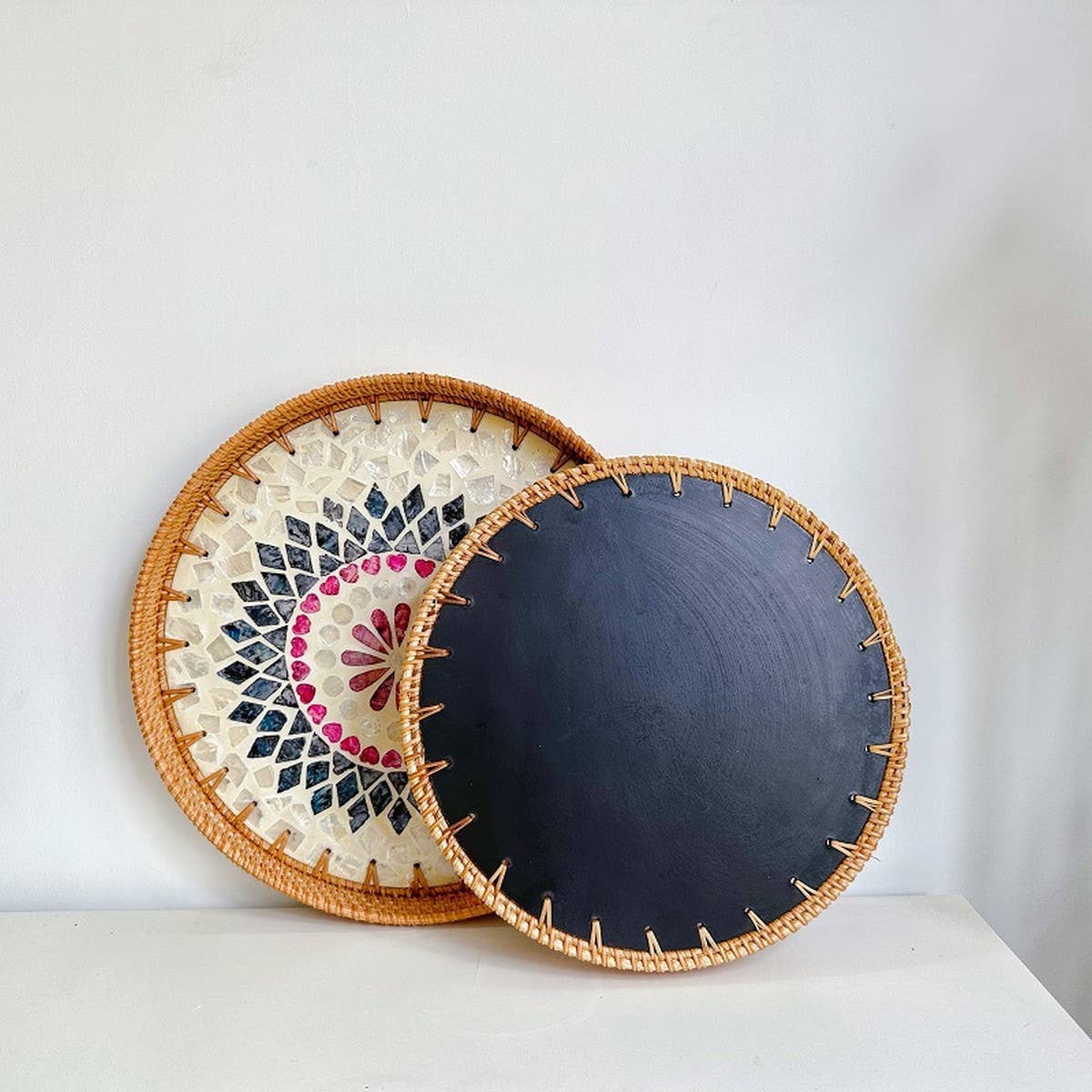 RATTAN SHELL STORAGE BASKET TRAY 2 PIECE SET_CWMM4542