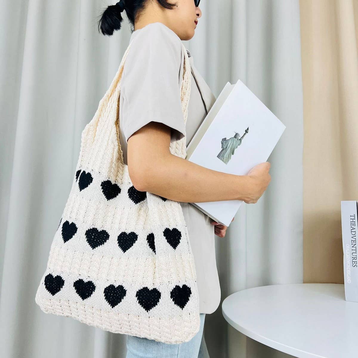 Cwab4569_Heart Pattern Knitted Large Capacity Tote Bag