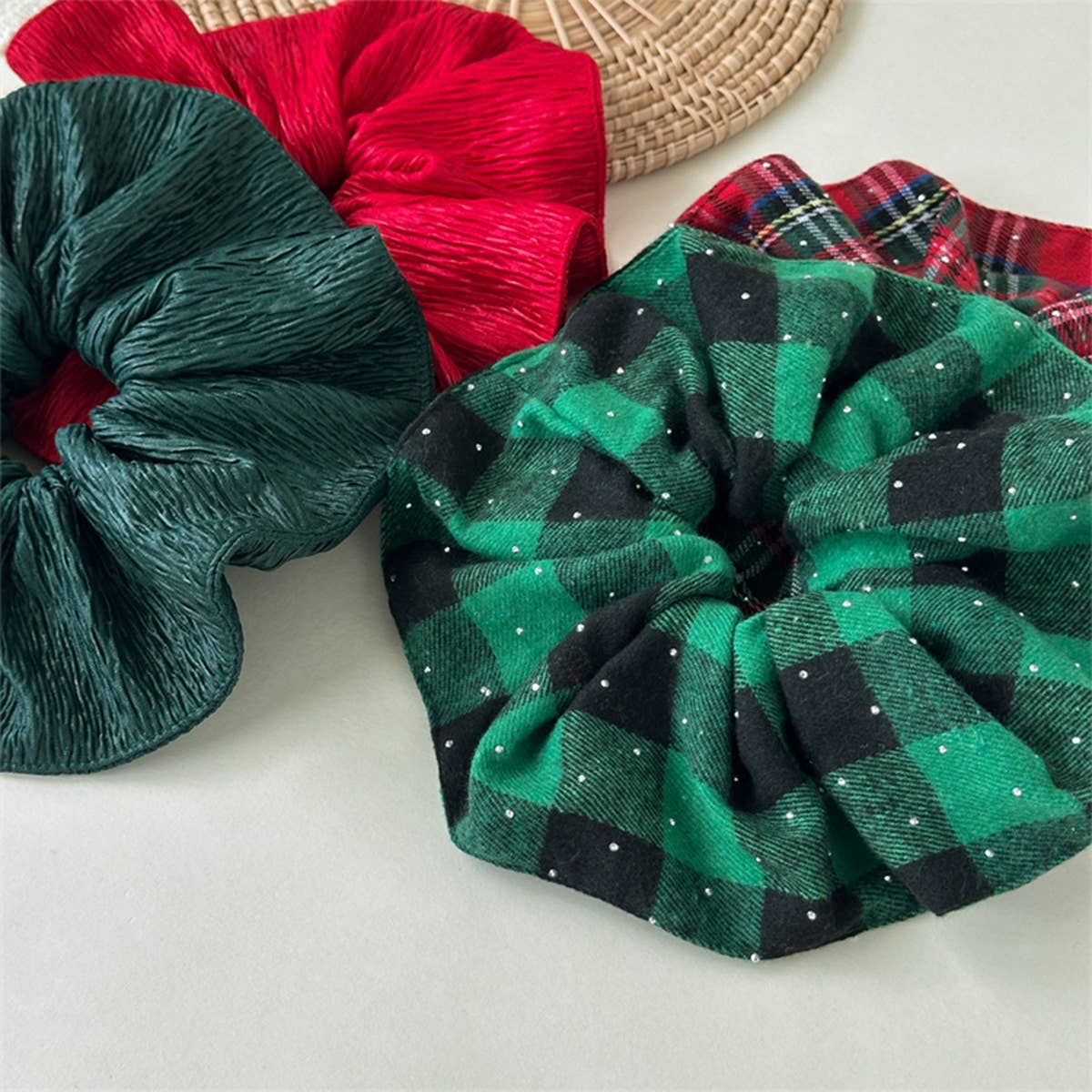 Xmas Plaid Bead Hair Scrunchie Retro Tie_Cwaha07608