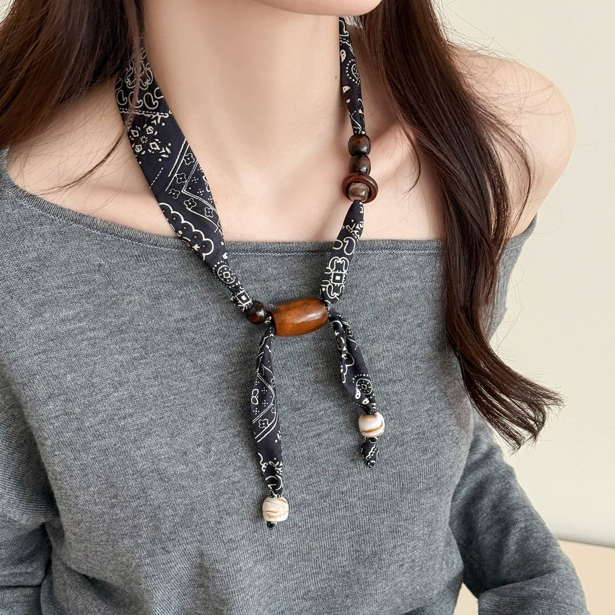 Paisley Bead Scarf Necklace Boho Long Chain_Cwaha08117
