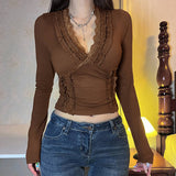 Vintage Wood Ear Trim V-Neck Long Sleeve T-Shirt
