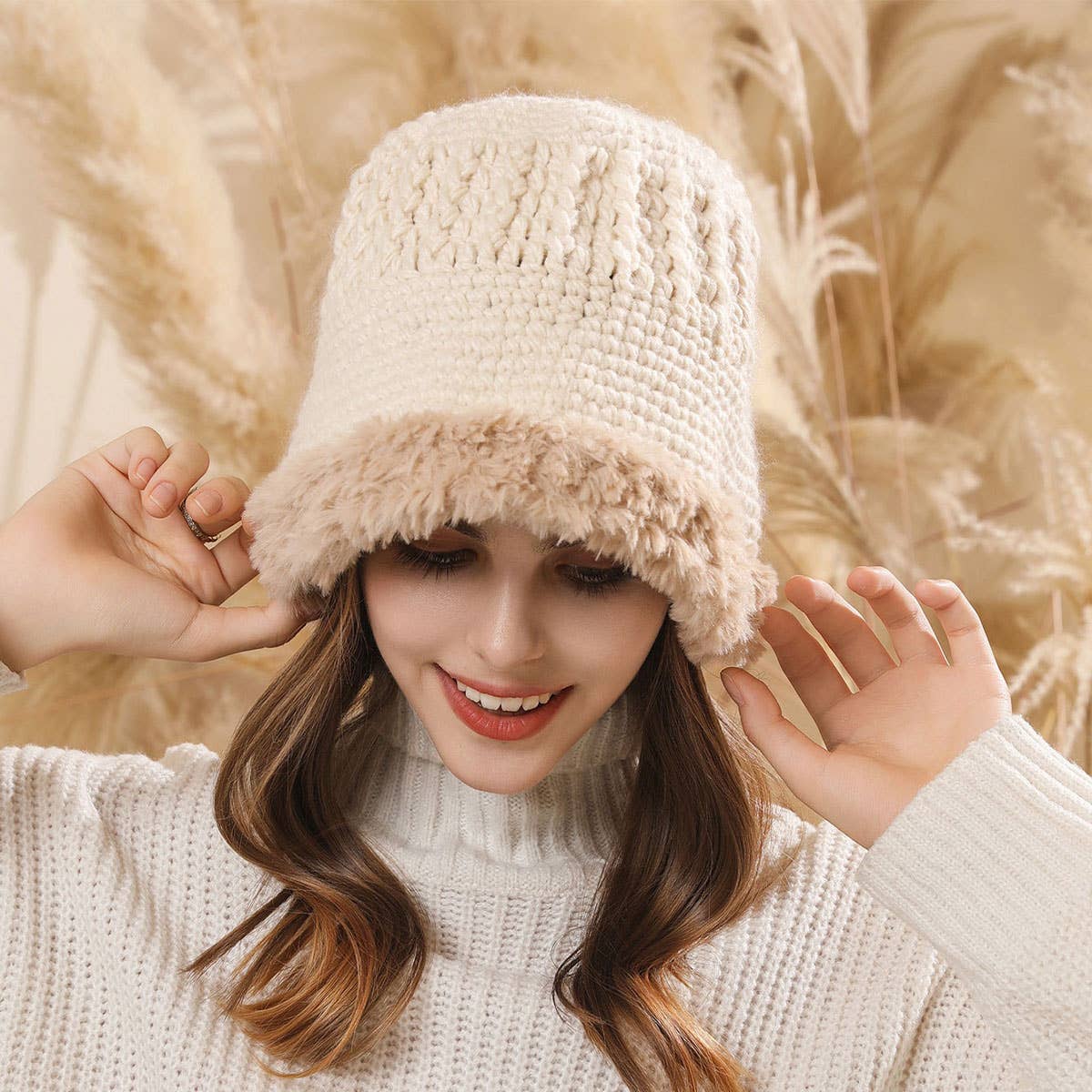 PLUSH FUZZY KNIT BUCKET HAT WITH EAR COVERAGE_CWAH1979