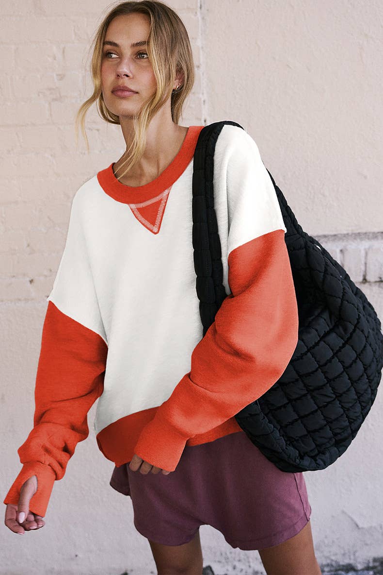 Two-Tone Round-Neck Loose Pullover Hoodie