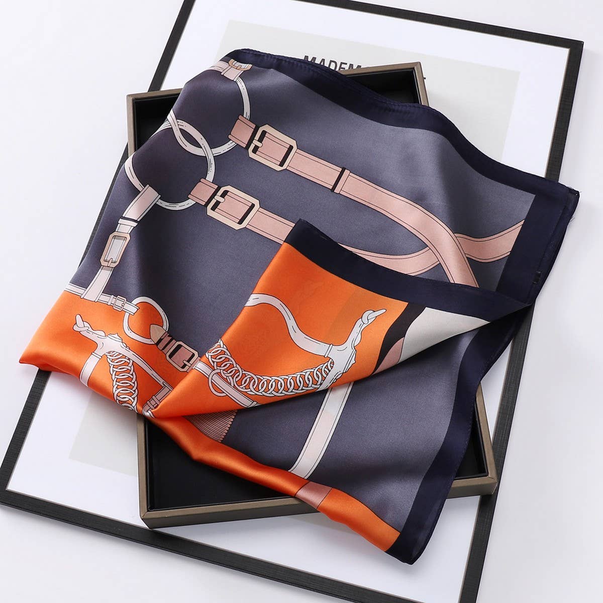 Vintage Letter Print Satin Square Scarf For Women_Cwasc0809