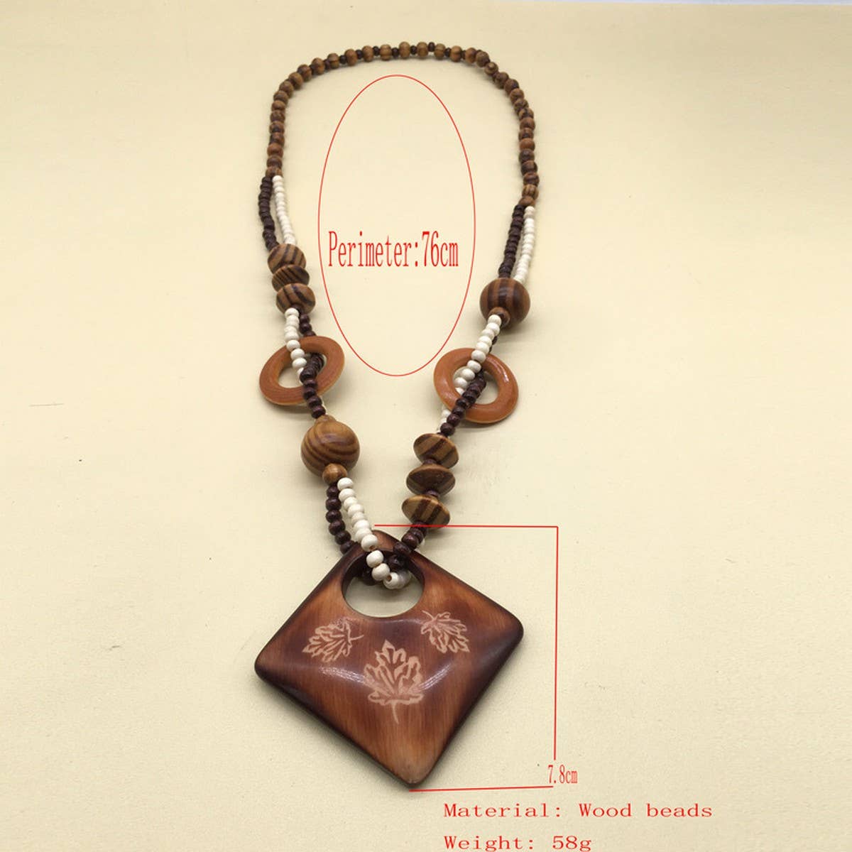 Wooden Beads Cube Heart Print Long Necklace_Cwmm4918
