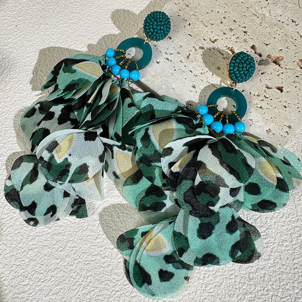 FABRIC FLOWER TASSEL EARRINGS WITH LEOPARD PRINT_CWMM6265