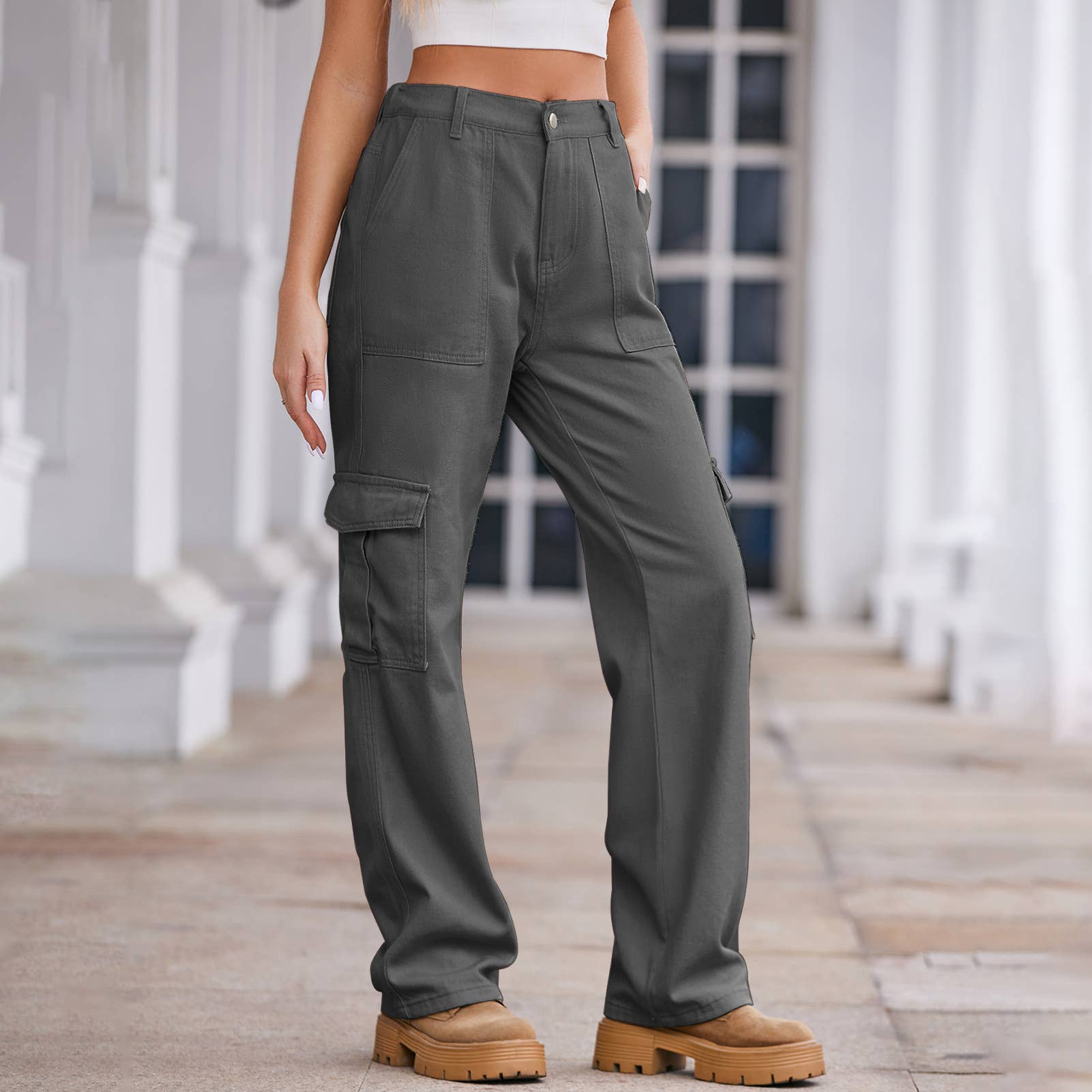 Washed Semi-Elastic Waist Denim Workwear Trousers