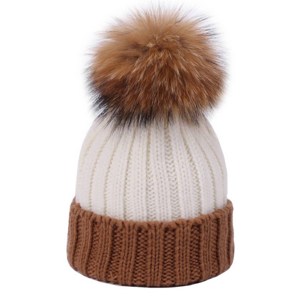 Women¡¯S Knit Two-Tone Pom Beanie Winter Hat_Cwah04990