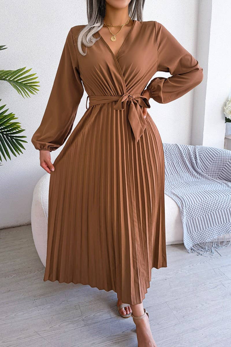 Solid V Neck Pleated Long Skirt_Cwdmd0762