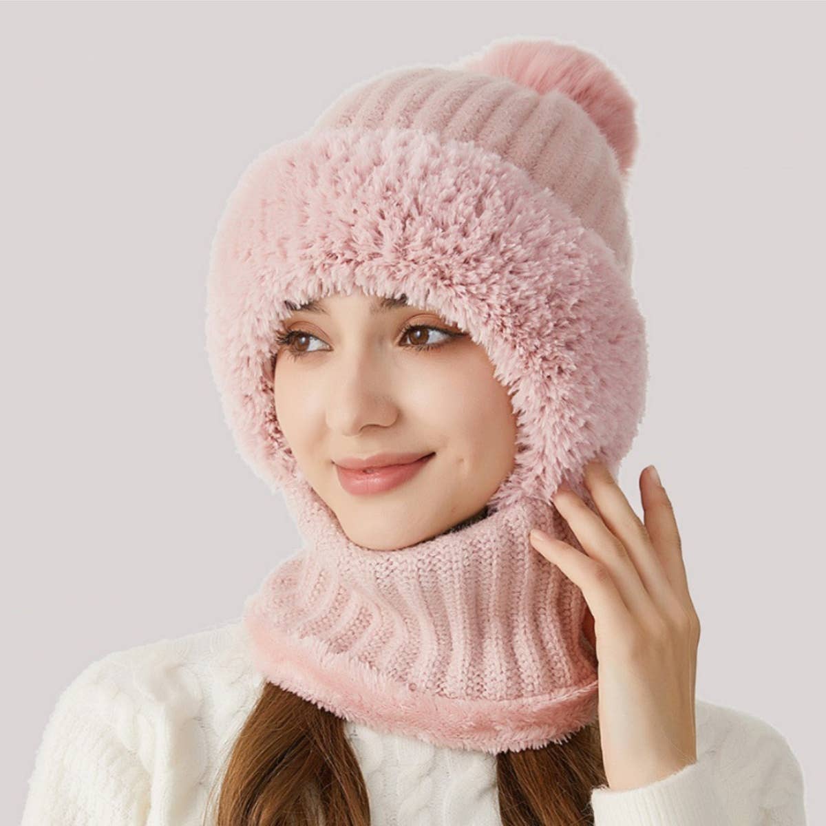 Cwah2211_Knit Thick Fluffy Ball Bib Headpiece