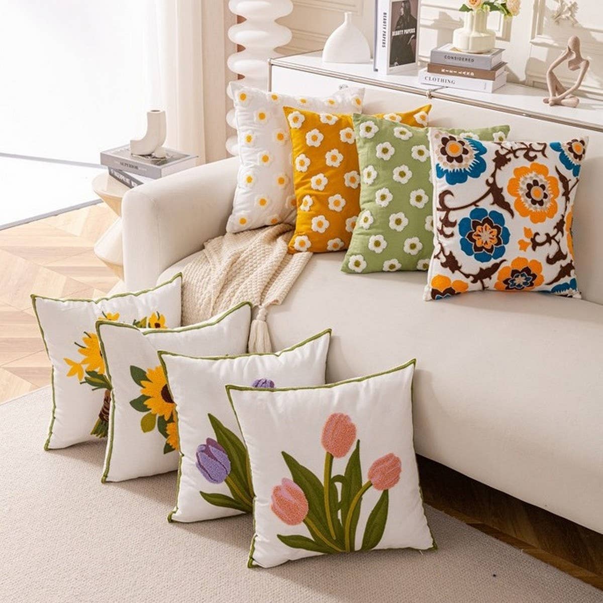 Tulip Embroidered Cute Pillow Cover For Bed Sofa_Cwmm7704