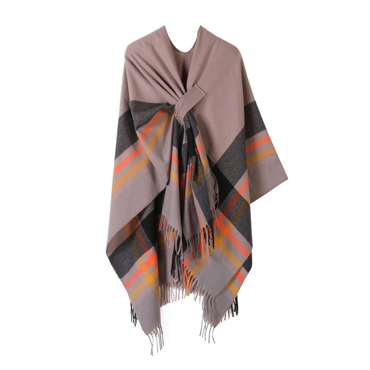 KNITTED FRINGED SHAWL DOUBLE SIDED PLAID SCARF_CWASC2178