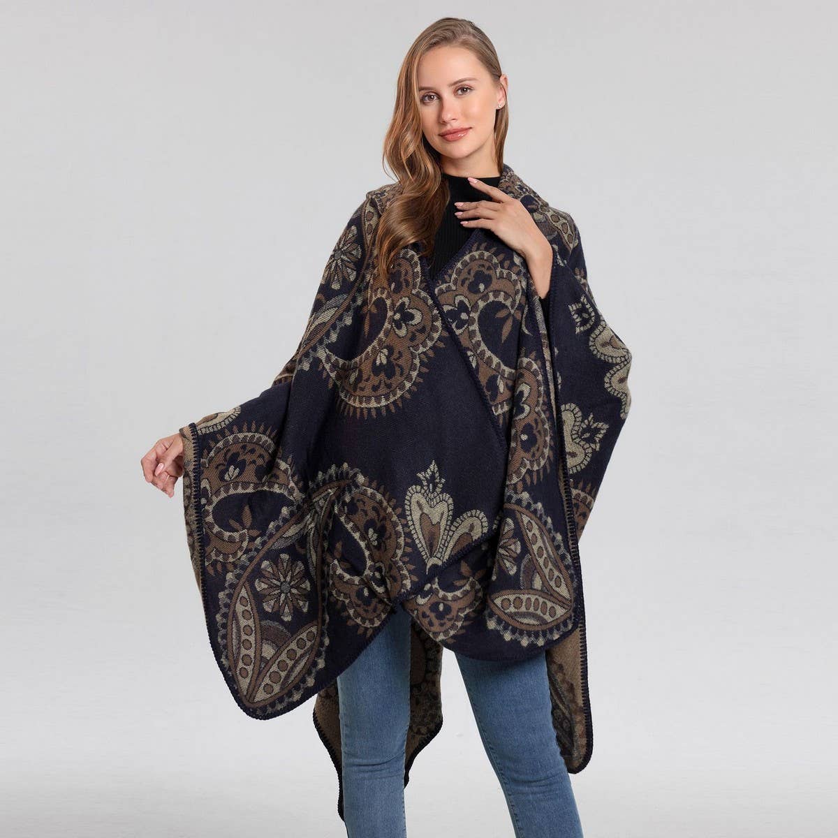 HOODED CAPE VERSATILE SUNFLOWER SCARF SLIT SHAWL_CWASC2272