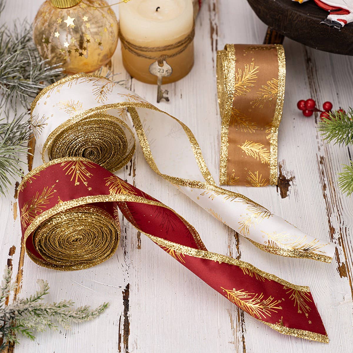 Cwmm10201_Christmas Glitter Ribbon Gold Gift Wrap Bow Craft