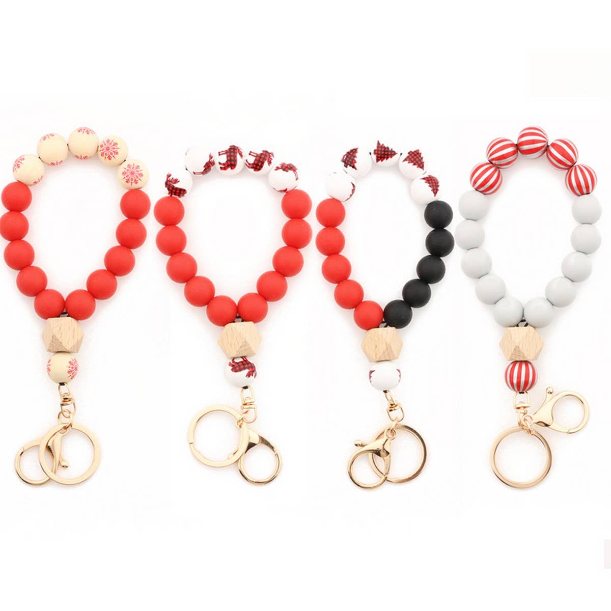CHRISTMAS WOOD BEAD BRACELET WITH SILICONE KEYCHAIN_CWMM7014