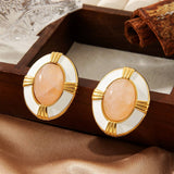 18K GOLD OVAL CROSS NATURAL STONE EARRINGS_CWMM3606