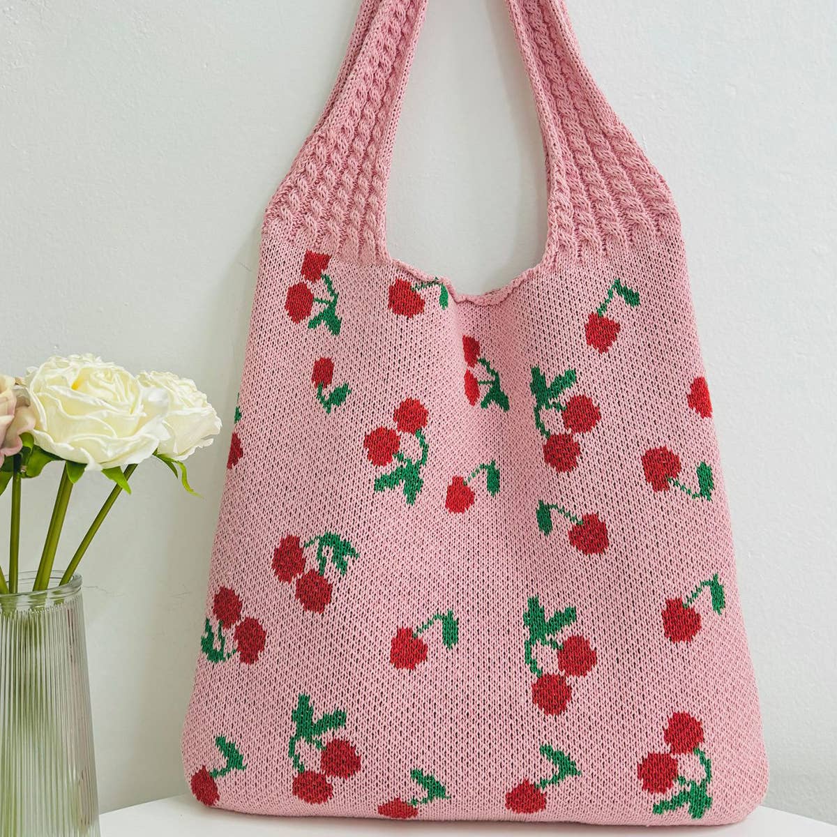 Cwab5062_Large Capacity Knitted Bow Woven Tote Bag