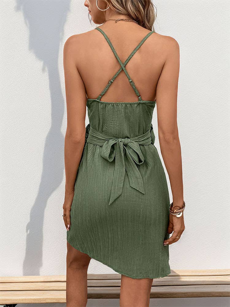Solid Color Texture Design Sense Halter Dress