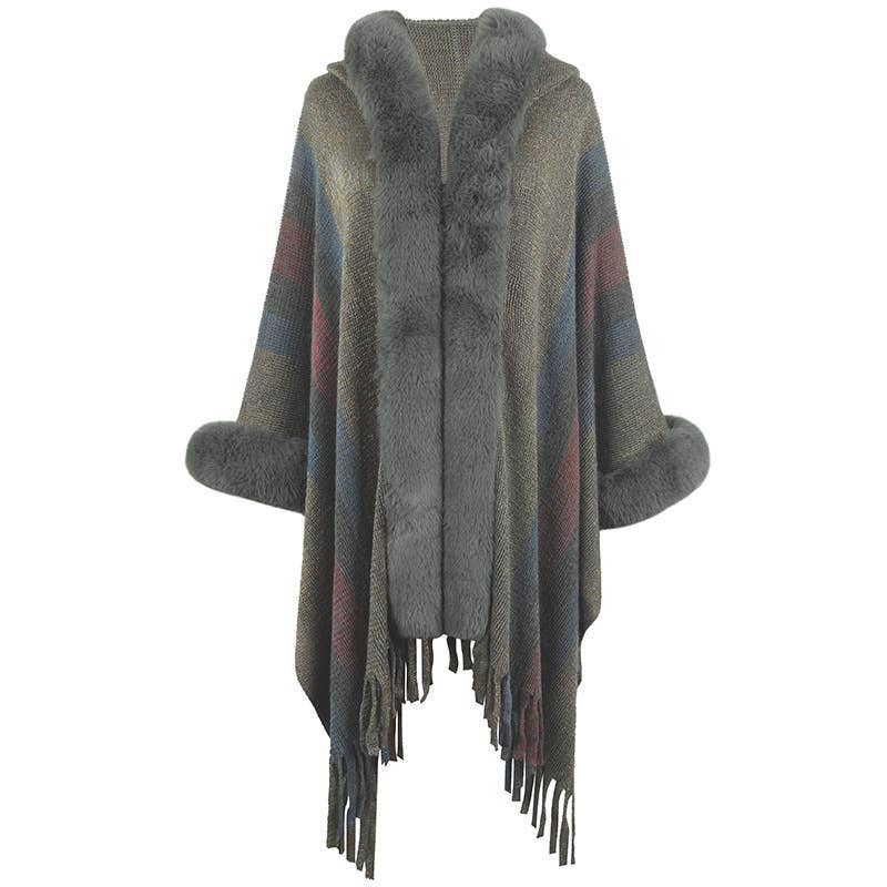 Womens Hooded Cape Striped Knitted Fringe Shawl